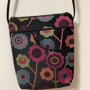 Danny K adjustable strap colorful floral tapestry handbag.  Handmade in USA.
